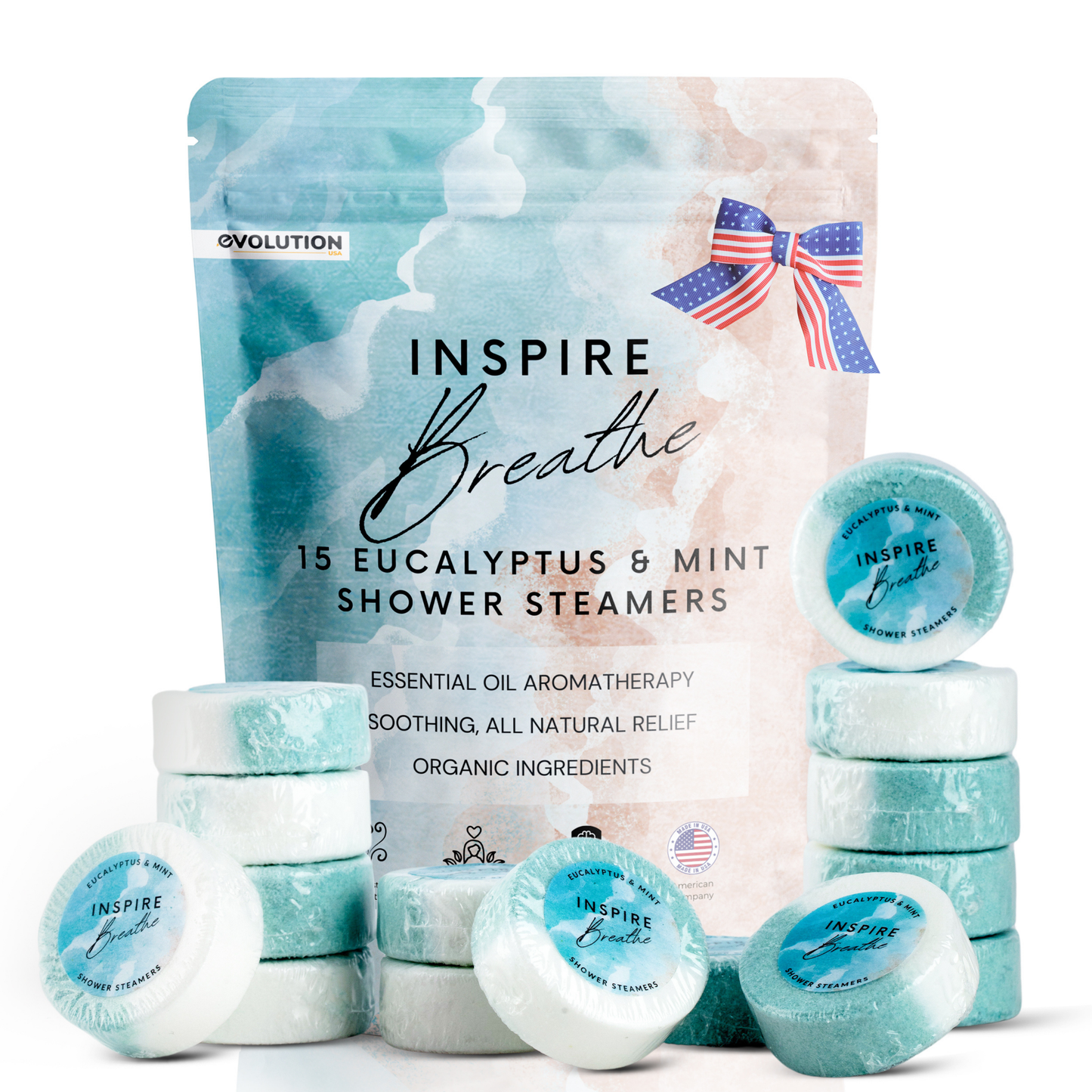 EvolutionUSA 15 pastillas para ducha Inspire Breathe – 15 pastillas para ducha de Menta y Eucalipto para Mujeres y Hombres, tabletas de vapor para ducha, bombas de ducha para autocuidado, regalo exquisito para el Día de la Madre, Pascua, Cumpleaños y San