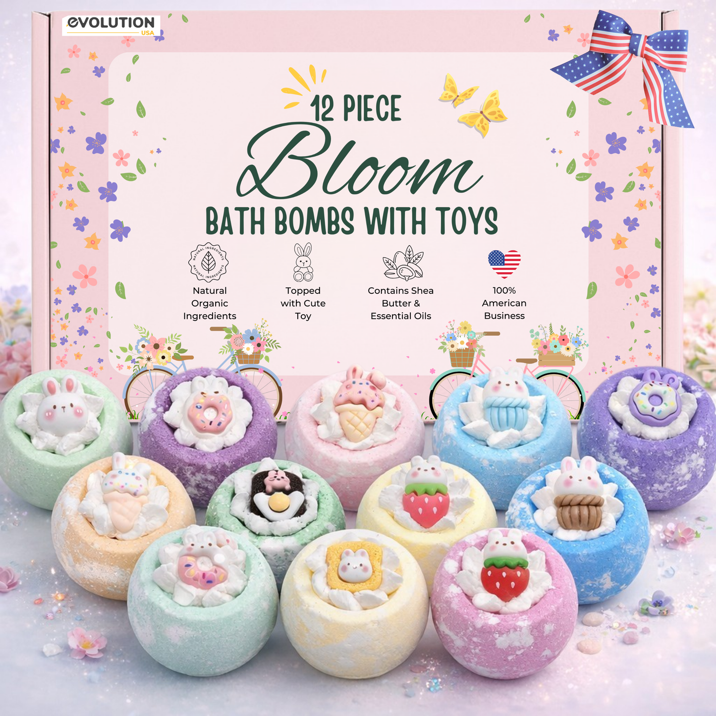 EvolutionUSA 12pc Bloom Bath Bombs with Toys, Adorable Girl Bath Bomb Set, Bubbly Kids Bathbombs, Fizzy Bath Ball, Kids Bath Bombs for Girls, Childrens Bath Bomb Set Easter, Valentines Gift