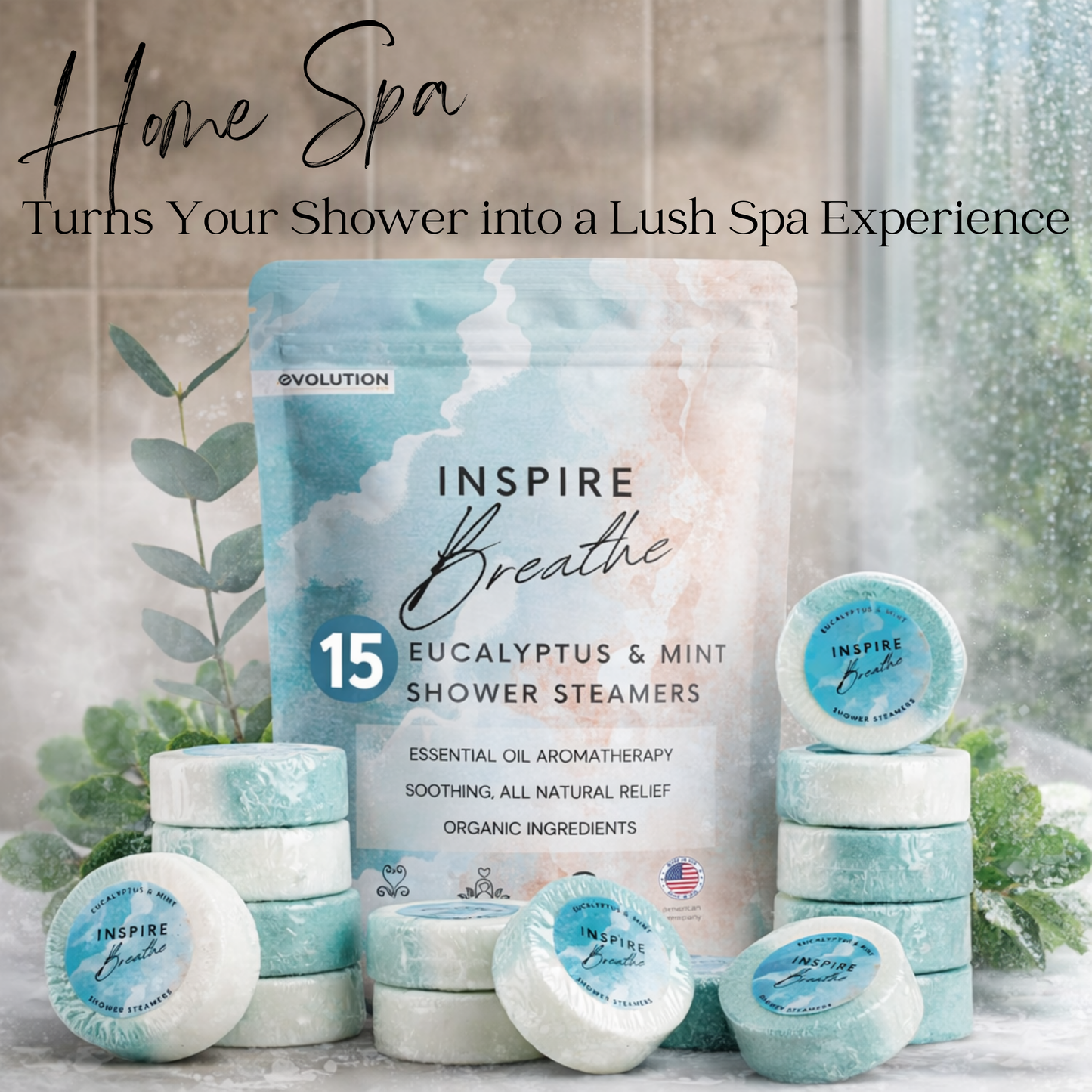 EvolutionUSA 15pc Inspire Breathe Shower Steamers – 15 Mint & Eucalyptus Shower Steamers for Women & Men