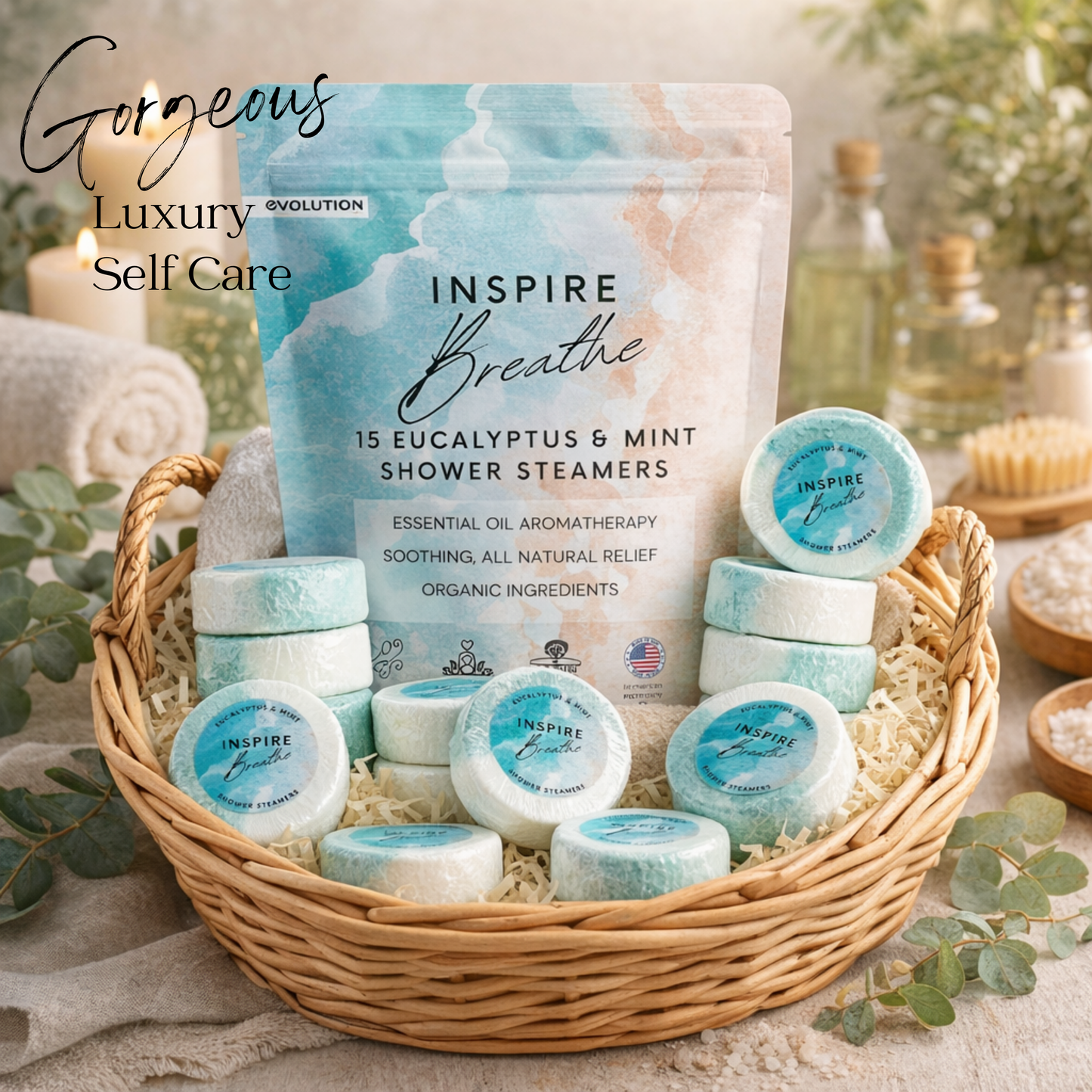 EvolutionUSA 15pc Inspire Breathe Shower Steamers – 15 Mint & Eucalyptus Shower Steamers for Women & Men