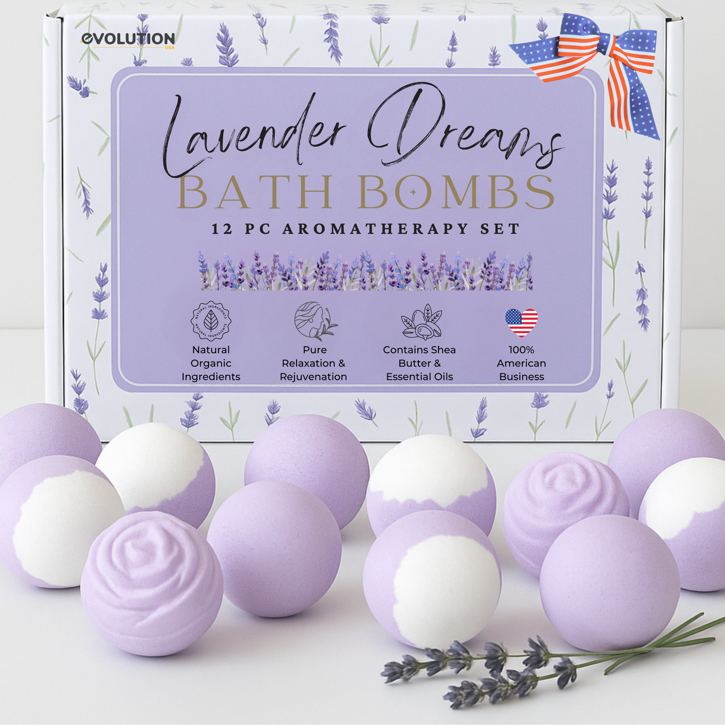 EvolutionUSA Lavender Dreams Bath Bombs for Women – 12 Organic Flower Bath Fizzer, Lush Lavender Bath Bombs for Girls, Womens Bathbomb, Lush Gift for Valentine, Easter, Birthday, Mothers Day, Self Care