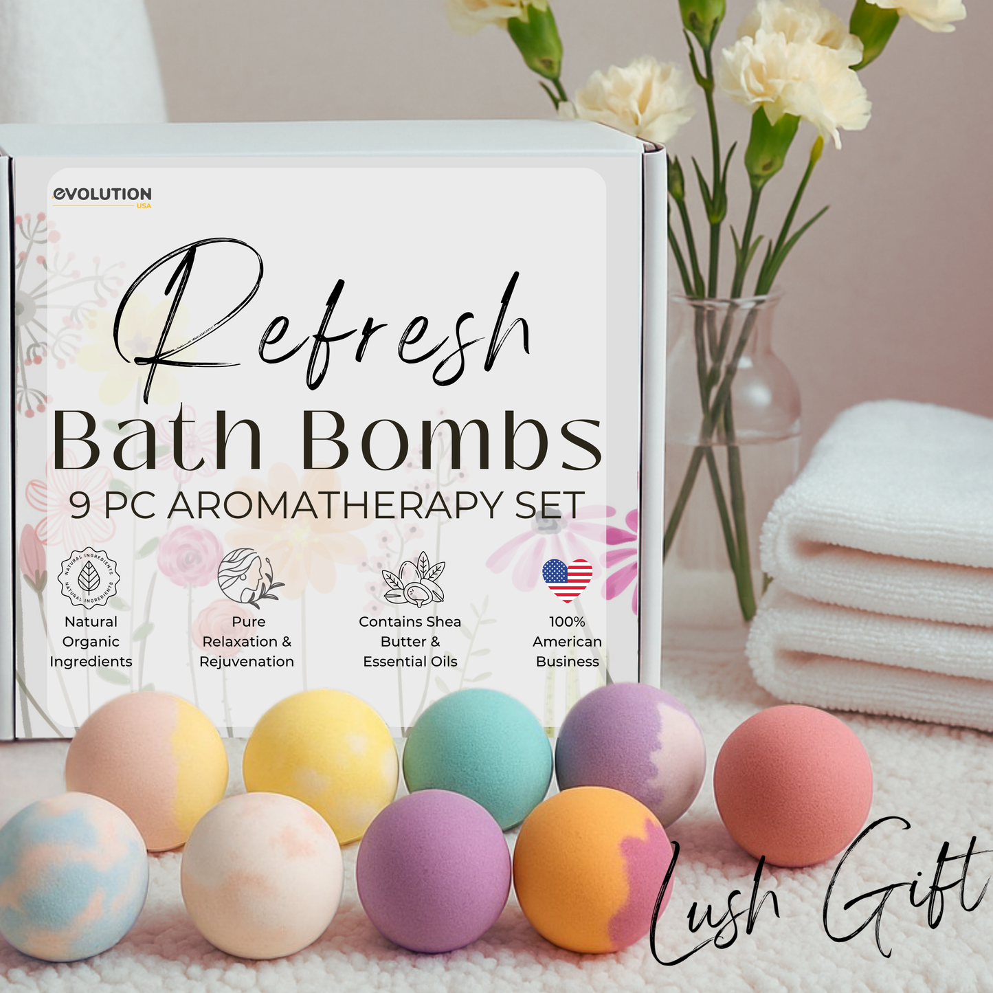 EvolutionUSA Refresh Bath Bombs for Women – 9 Lush Bath Bombs Mini Sized, Lush Womens Gift for Mother’s Day, Easter, Valentines, Birthday or Self Care, Organic Bathbombs Kids & Women, Bath Fun