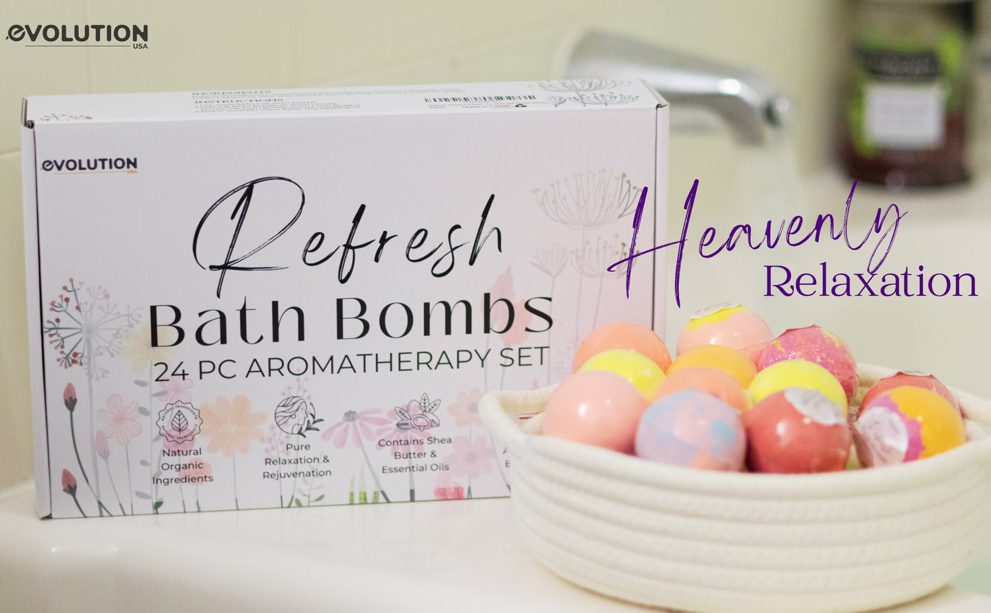 EvolutionUSA Refresh Bath Bombs for Women, 24 Lush Bath Bombs Mini Sized, Luxurious Womens Gift for Mother's Day, Easter, Birthday or Self Care, Luxurious & Relaxing Bathbombs, Womens Bath Balls