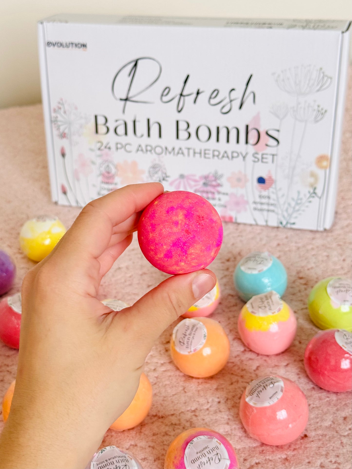 EvolutionUSA Refresh Bath Bombs for Women, 24 Lush Bath Bombs Mini Sized, Luxurious Womens Gift for Mother's Day, Easter, Birthday or Self Care, Luxurious & Relaxing Bathbombs, Womens Bath Balls