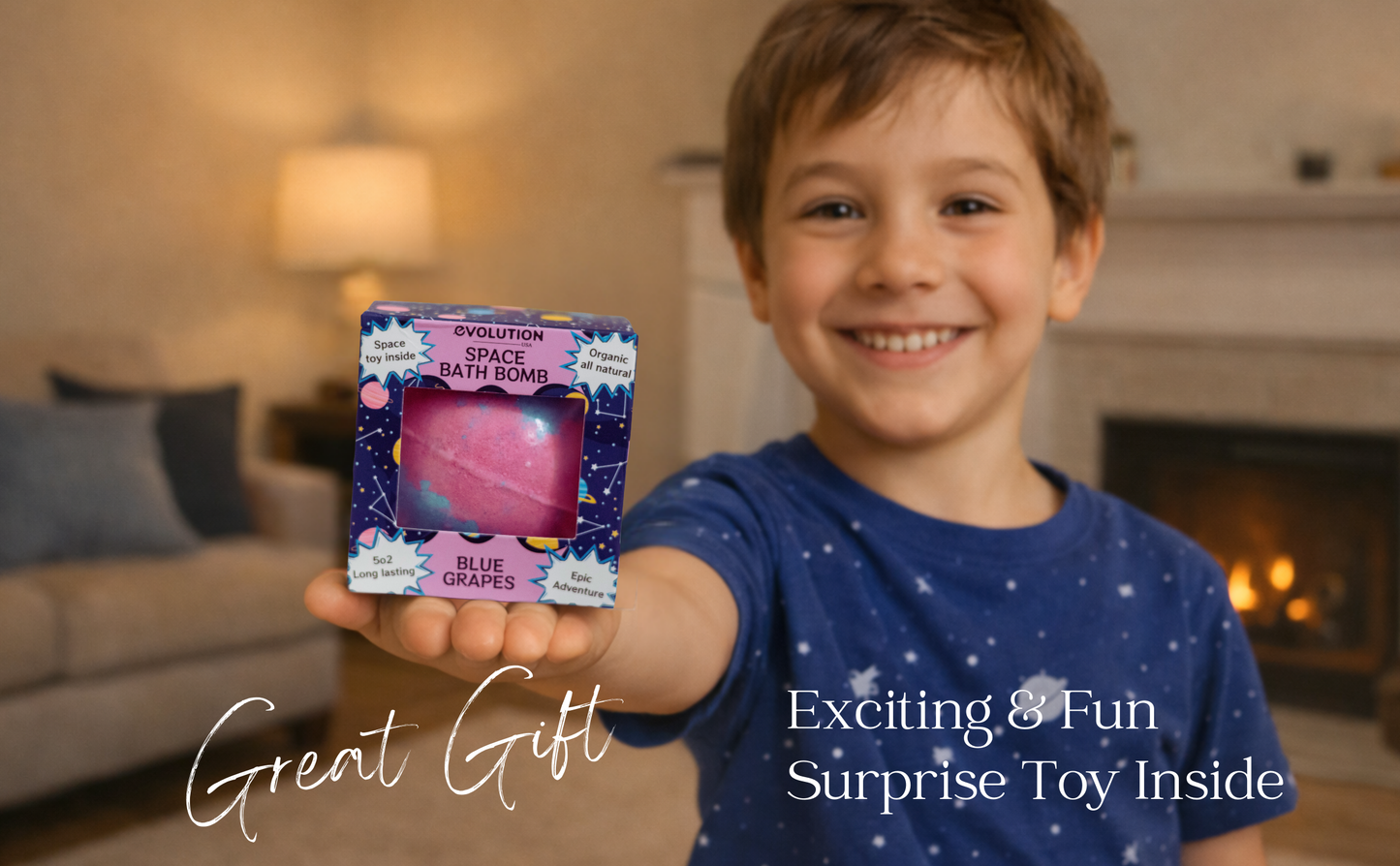 EvolutionUSA 1pc Space Bath Bomb for Boys & Girls, Planet Bath Ball with Toy Hidden Inside, Organic Hypoallerganic Childrens Bathbomb, Cosmic Fun Space Surprise, Gift Set Birthday, Valentines, Easter