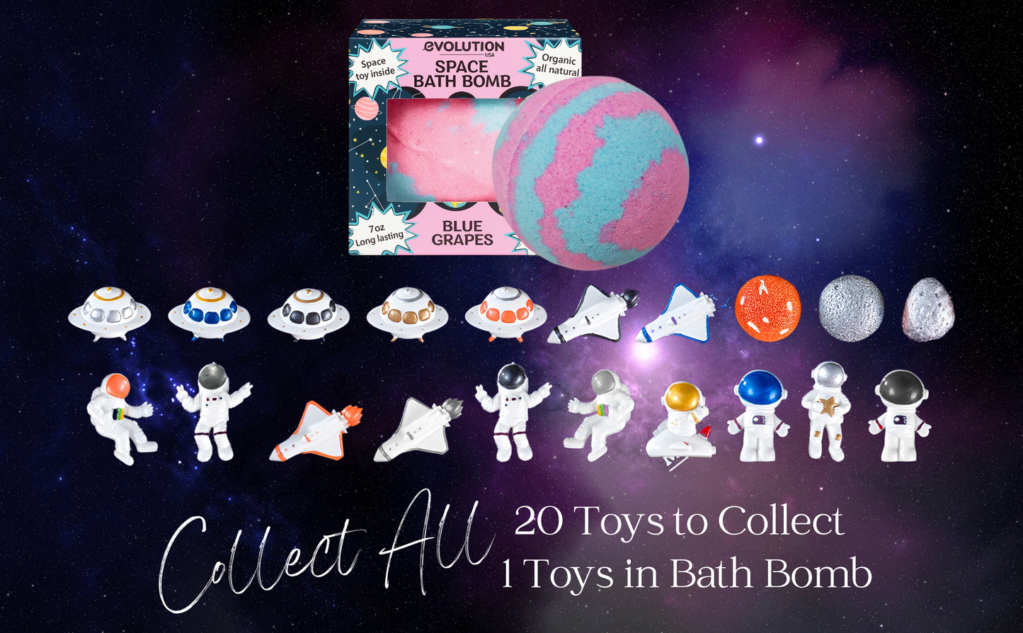 EvolutionUSA 1pc Space Bath Bomb for Boys & Girls, Planet Bath Ball with Toy Hidden Inside, Organic Hypoallerganic Childrens Bathbomb, Cosmic Fun Space Surprise, Gift Set Birthday, Valentines, Easter