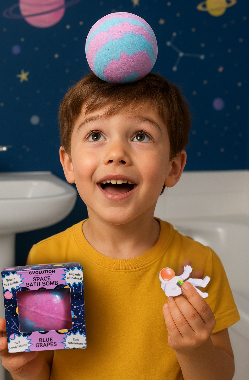 EvolutionUSA 1pc Space Bath Bomb for Boys & Girls, Planet Bath Ball with Toy Hidden Inside, Organic Hypoallerganic Childrens Bathbomb, Cosmic Fun Space Surprise, Gift Set Birthday, Valentines, Easter