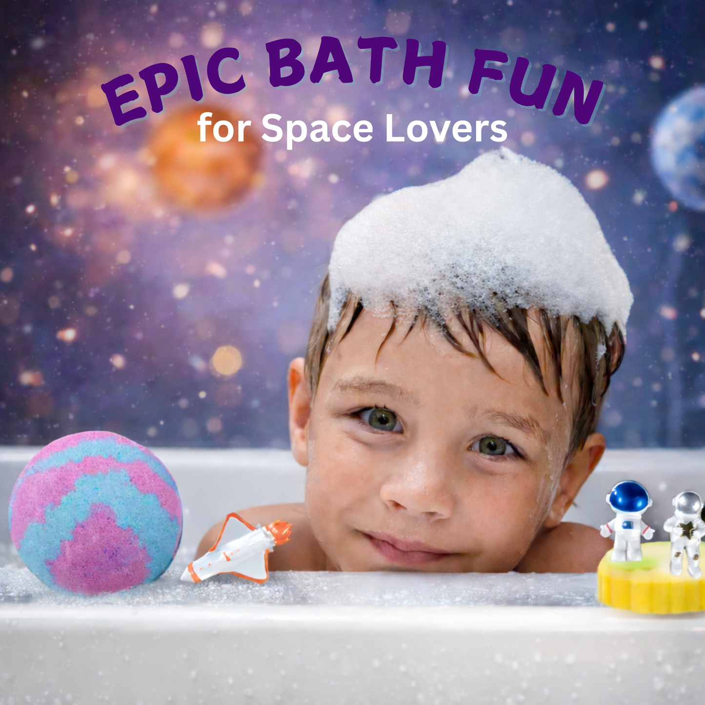 EvolutionUSA 1pc Space Bath Bomb for Boys & Girls, Planet Bath Ball with Toy Hidden Inside, Organic Hypoallerganic Childrens Bathbomb, Cosmic Fun Space Surprise, Gift Set Birthday, Valentines, Easter