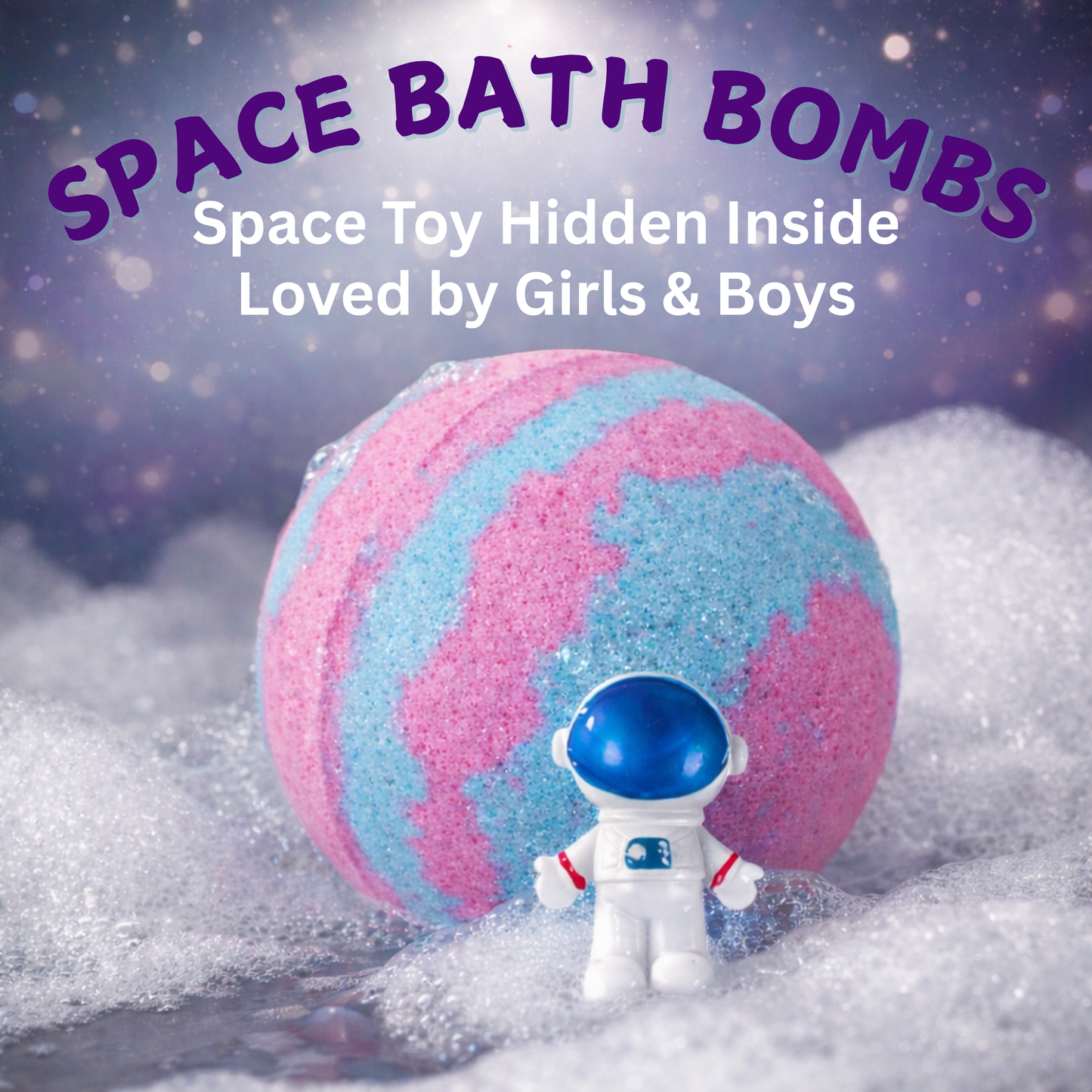 EvolutionUSA 1pc Space Bath Bomb for Boys & Girls, Planet Bath Ball with Toy Hidden Inside, Organic Hypoallerganic Childrens Bathbomb, Cosmic Fun Space Surprise, Gift Set Birthday, Valentines, Easter