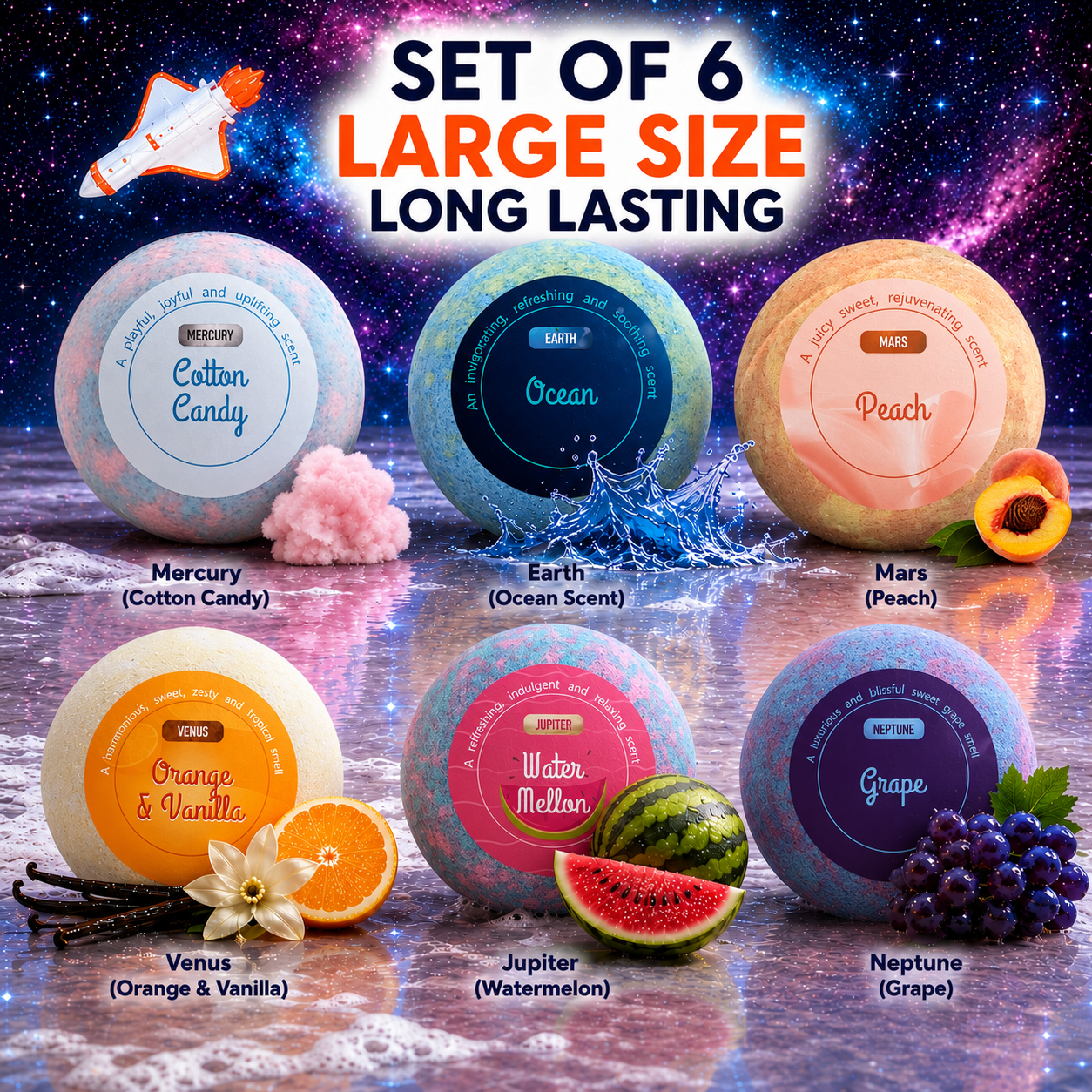 EvolutionUSA 6pc Space Bath Bombs for Boys & Girls