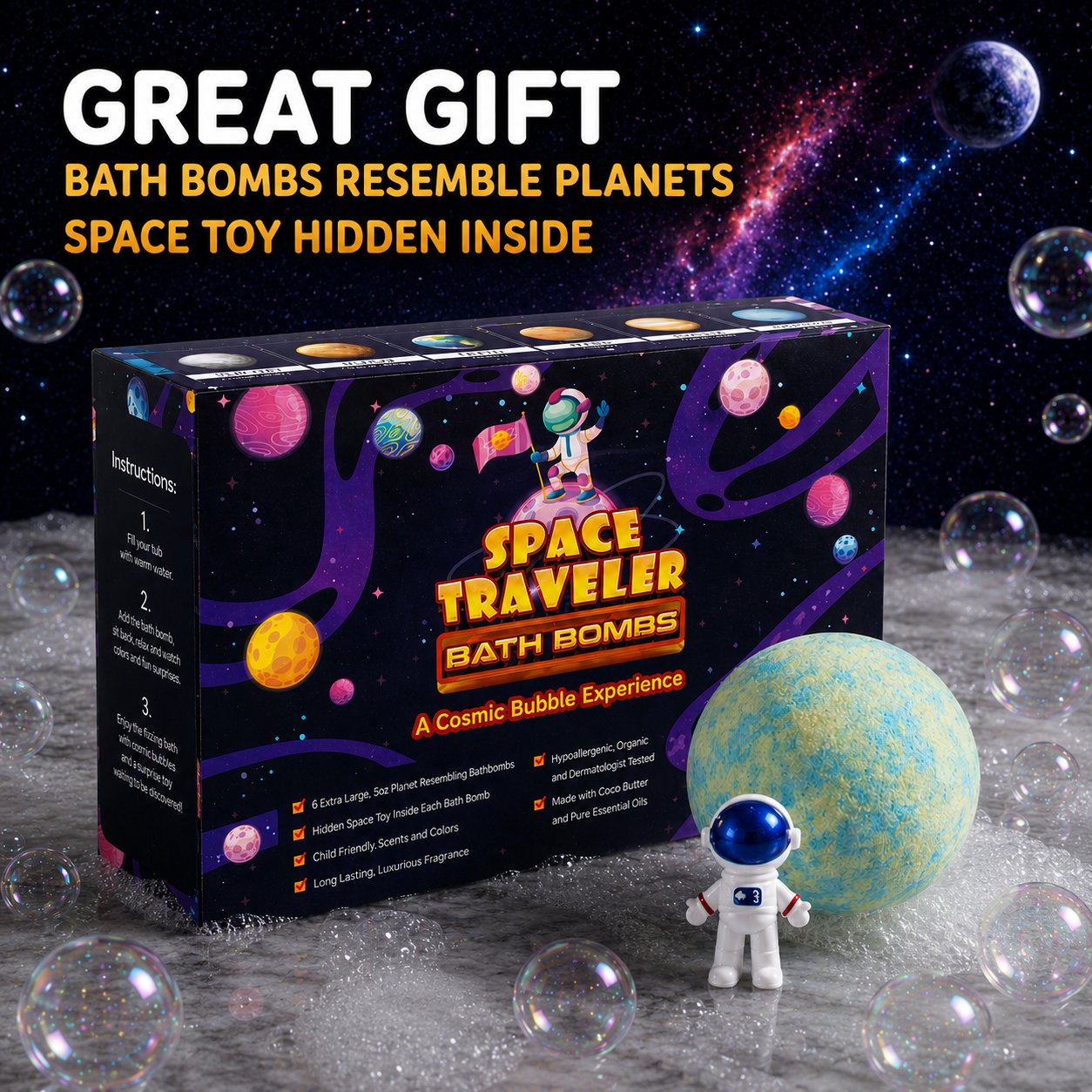 EvolutionUSA 6pc Space Bath Bombs for Boys & Girls