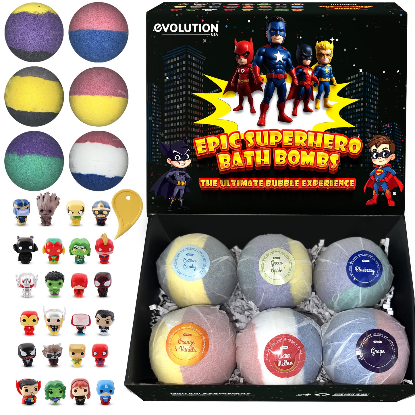 EvolutionUSA 6pc Epic Superhero Bath Bombs for Kids