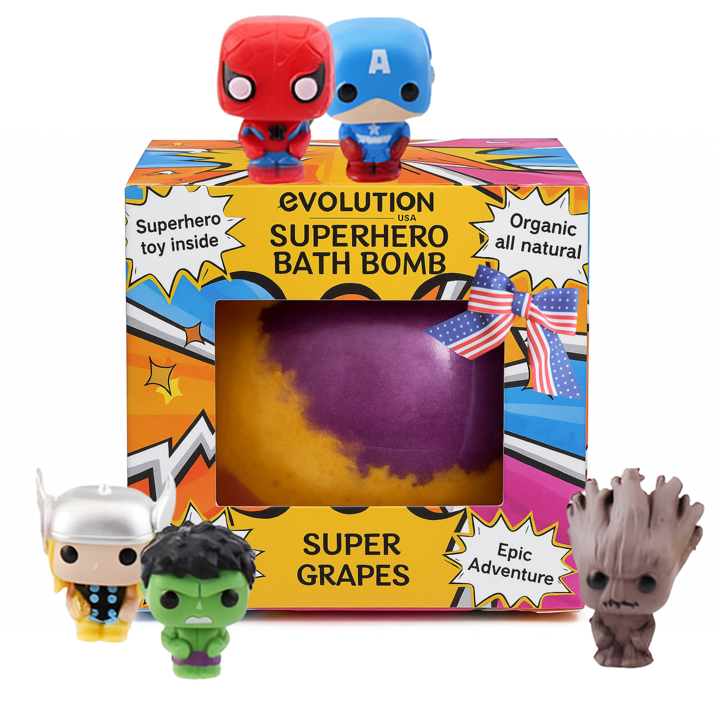 EvolutionUSA 1pc Epic Superhero Bath Bombs for Kids – Super Hero Bath Bomb with Toy Inside, Lush Children Bathbomb Easter, Organic Bathbomb with Surprise Inside, Fun Superhero Bath Fizzer Valentines
