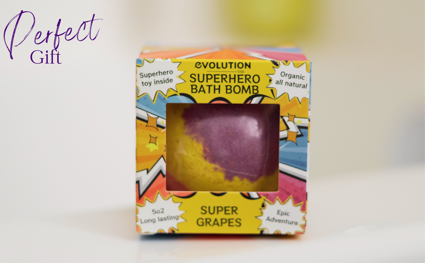 EvolutionUSA 1pc Epic Superhero Bath Bombs for Kids – Super Hero Bath Bomb with Toy Inside, Lush Children Bathbomb Easter, Organic Bathbomb with Surprise Inside, Fun Superhero Bath Fizzer Valentines