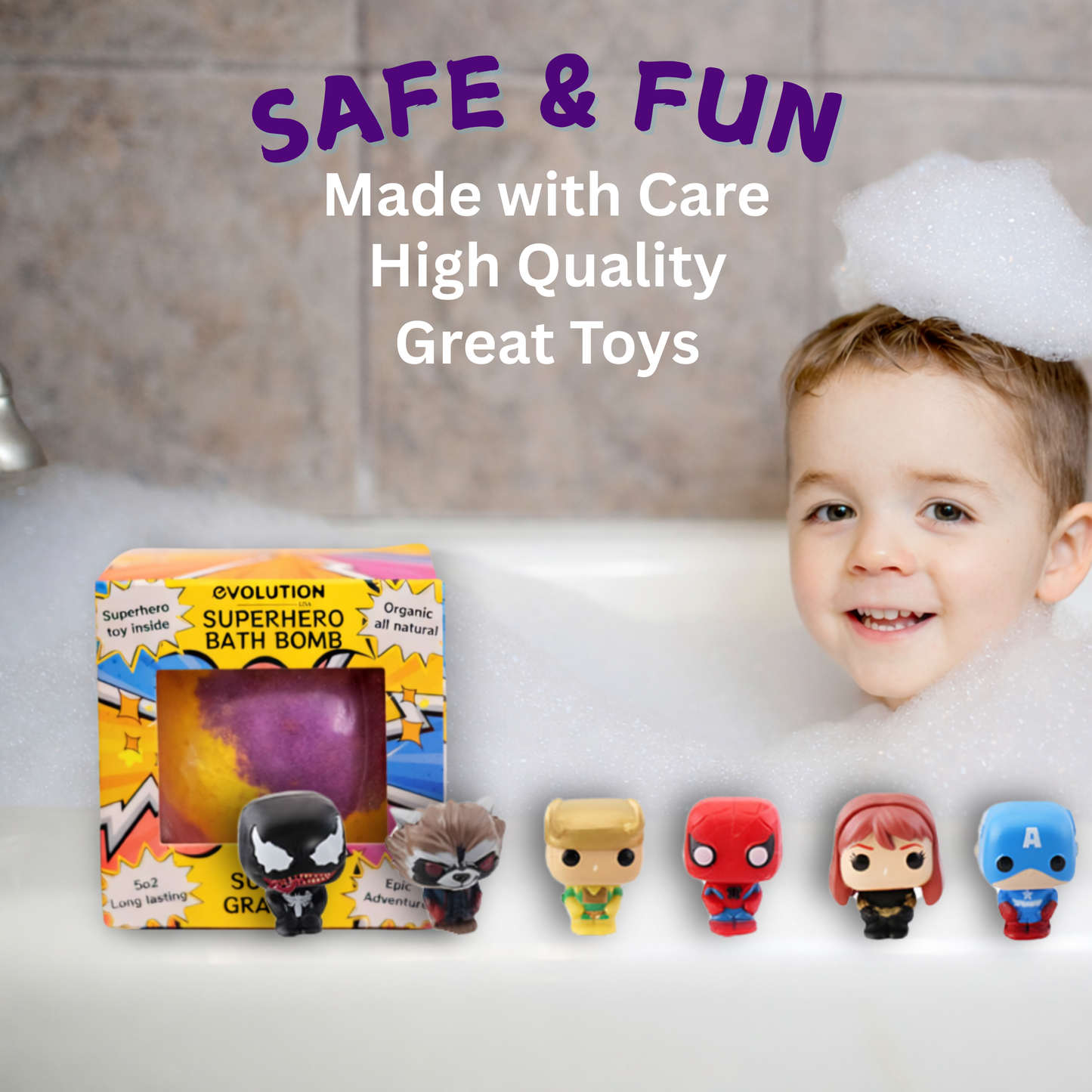 EvolutionUSA 1pc Epic Superhero Bath Bombs for Kids – Super Hero Bath Bomb with Toy Inside, Lush Children Bathbomb Easter, Organic Bathbomb with Surprise Inside, Fun Superhero Bath Fizzer Valentines