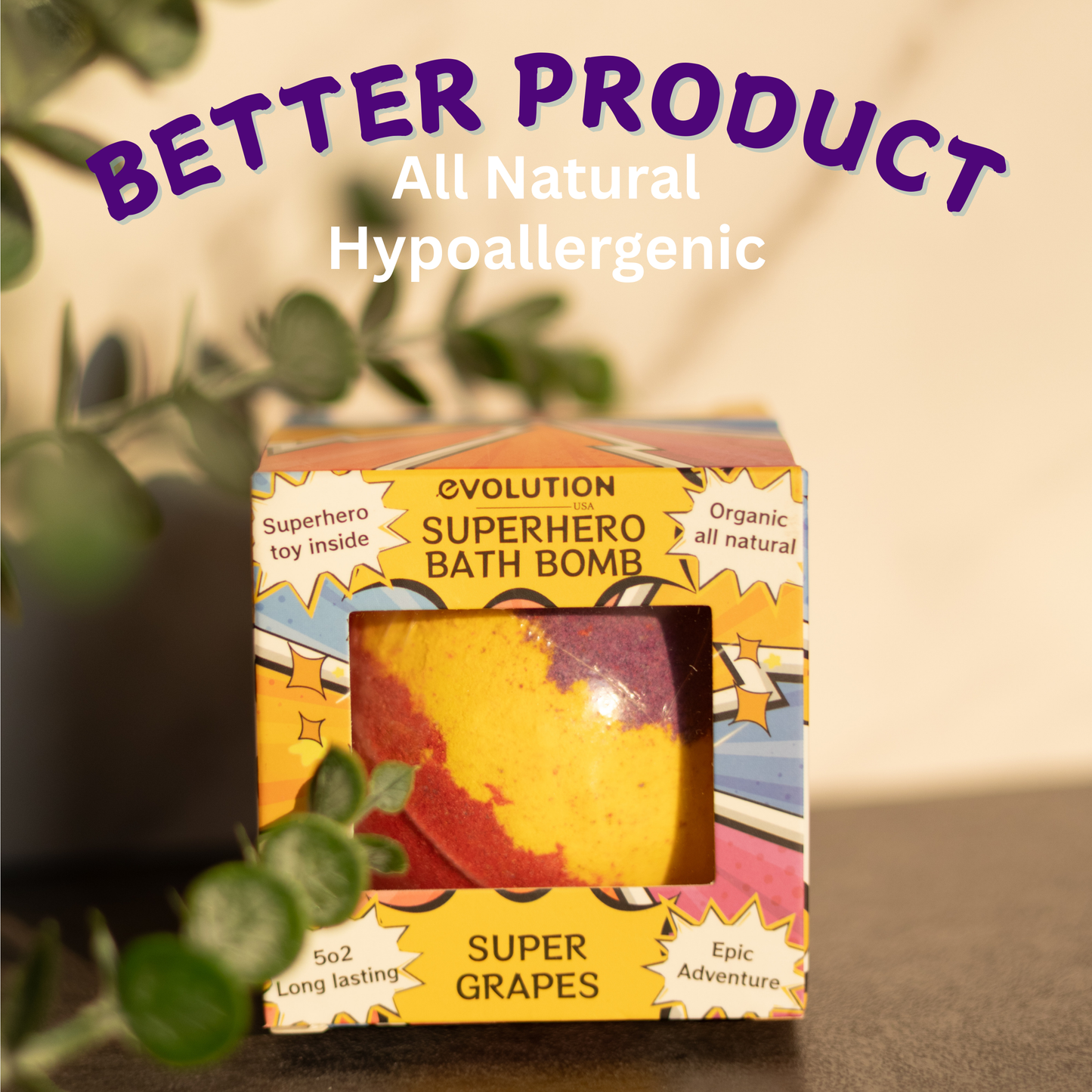 EvolutionUSA 1pc Epic Superhero Bath Bombs for Kids – Super Hero Bath Bomb with Toy Inside, Lush Children Bathbomb Easter, Organic Bathbomb with Surprise Inside, Fun Superhero Bath Fizzer Valentines