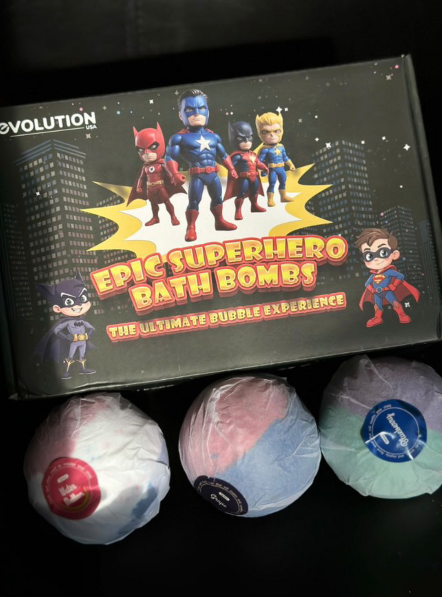 EvolutionUSA 6pc Epic Superhero Bath Bombs for Kids
