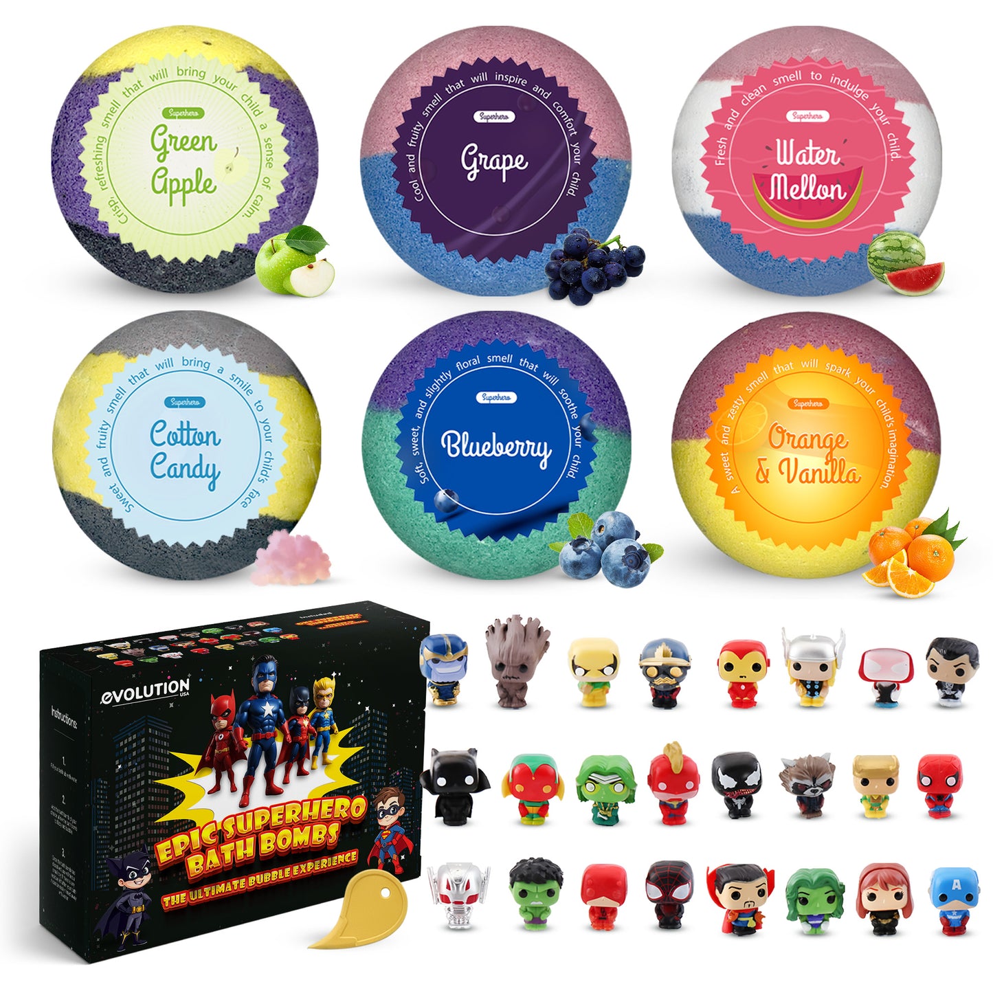 EvolutionUSA 6pc Epic Superhero Bath Bombs for Kids