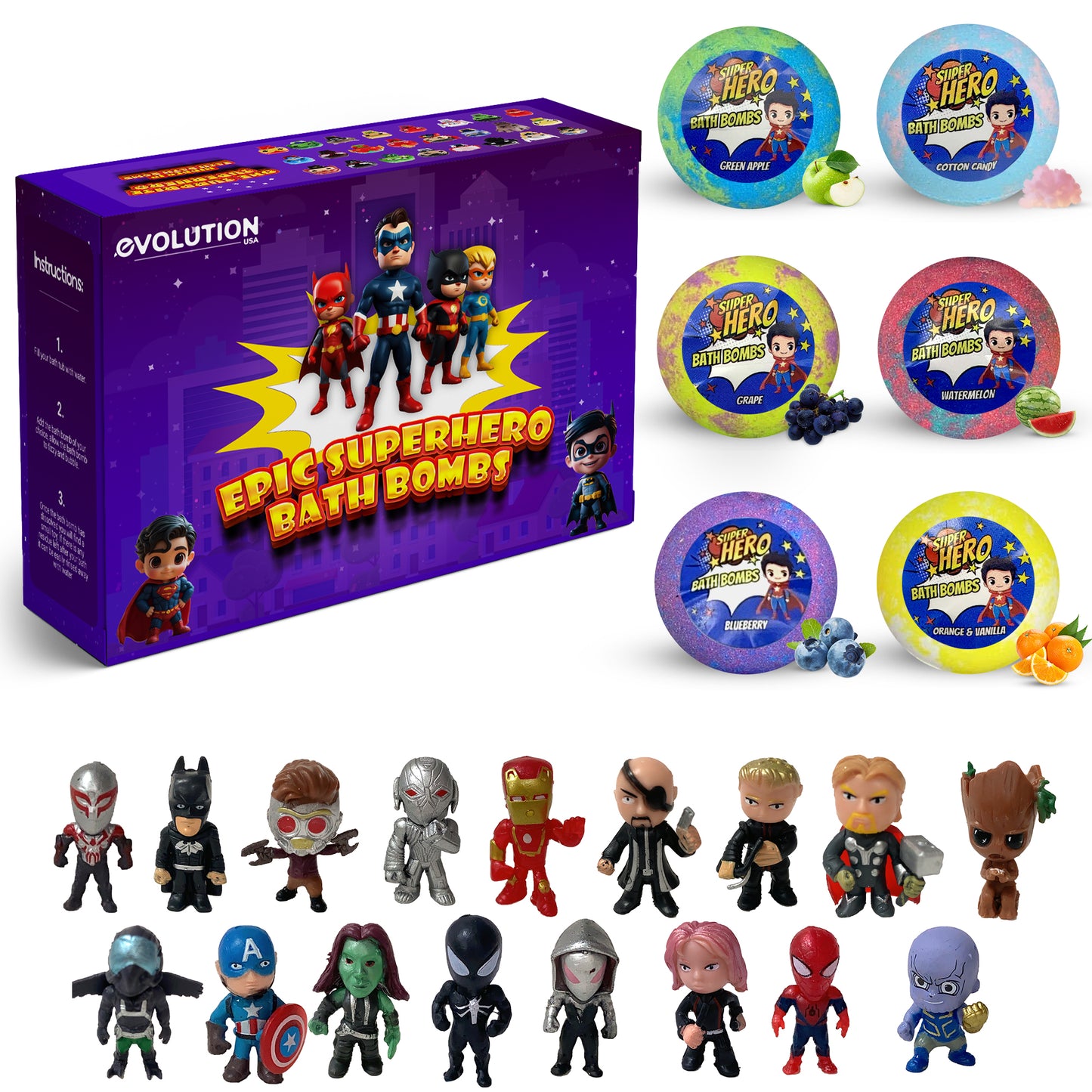 EvolutionUSA 6pc Epic Superhero Bath Bombs for Kids
