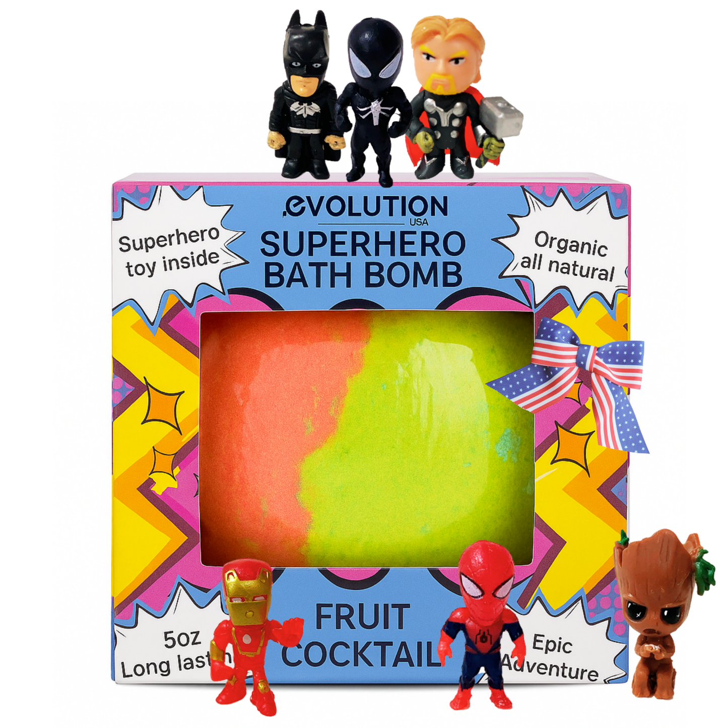 EvolutionUSA 1pc Epic Superhero Bath Bombs for Kids – Super Hero Bath Bomb with Toy Inside, Lush Children Bathbomb Easter, Organic Bathbomb with Surprise Inside, Fun Superhero Bath Fizzer Valentines