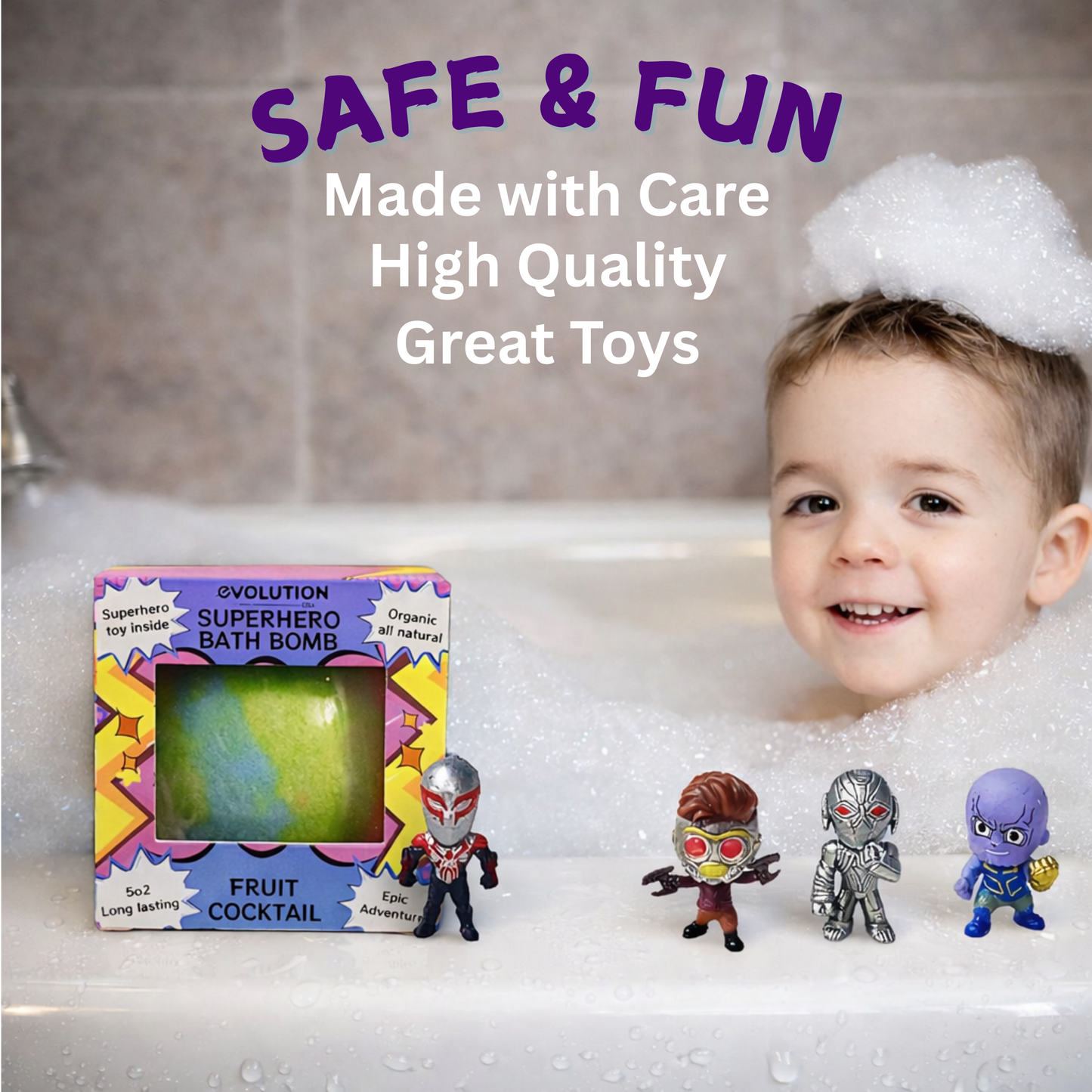 EvolutionUSA 1pc Epic Superhero Bath Bombs for Kids – Super Hero Bath Bomb with Toy Inside, Lush Children Bathbomb Easter, Organic Bathbomb with Surprise Inside, Fun Superhero Bath Fizzer Valentines