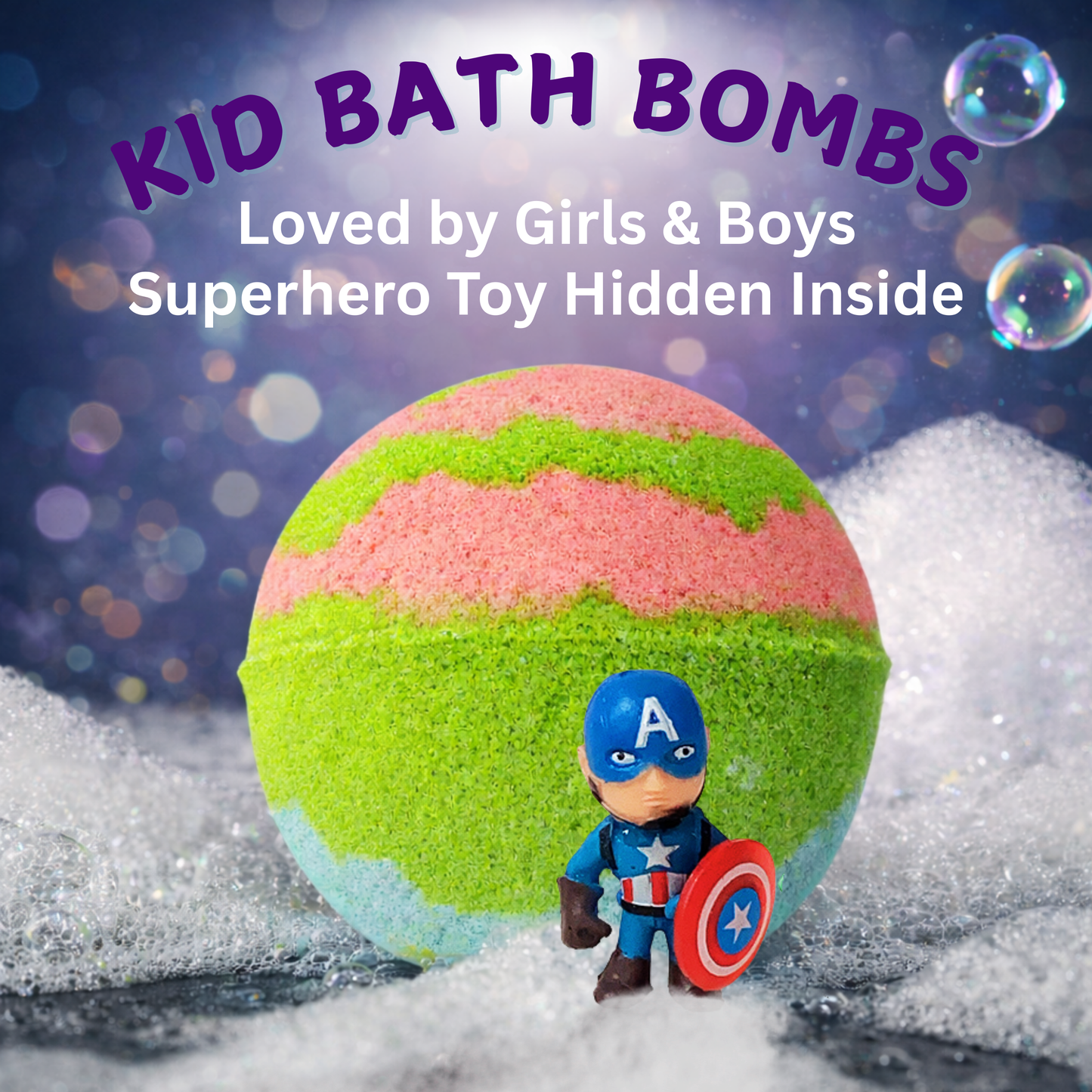 EvolutionUSA 1pc Epic Superhero Bath Bombs for Kids – Super Hero Bath Bomb with Toy Inside, Lush Children Bathbomb Easter, Organic Bathbomb with Surprise Inside, Fun Superhero Bath Fizzer Valentines