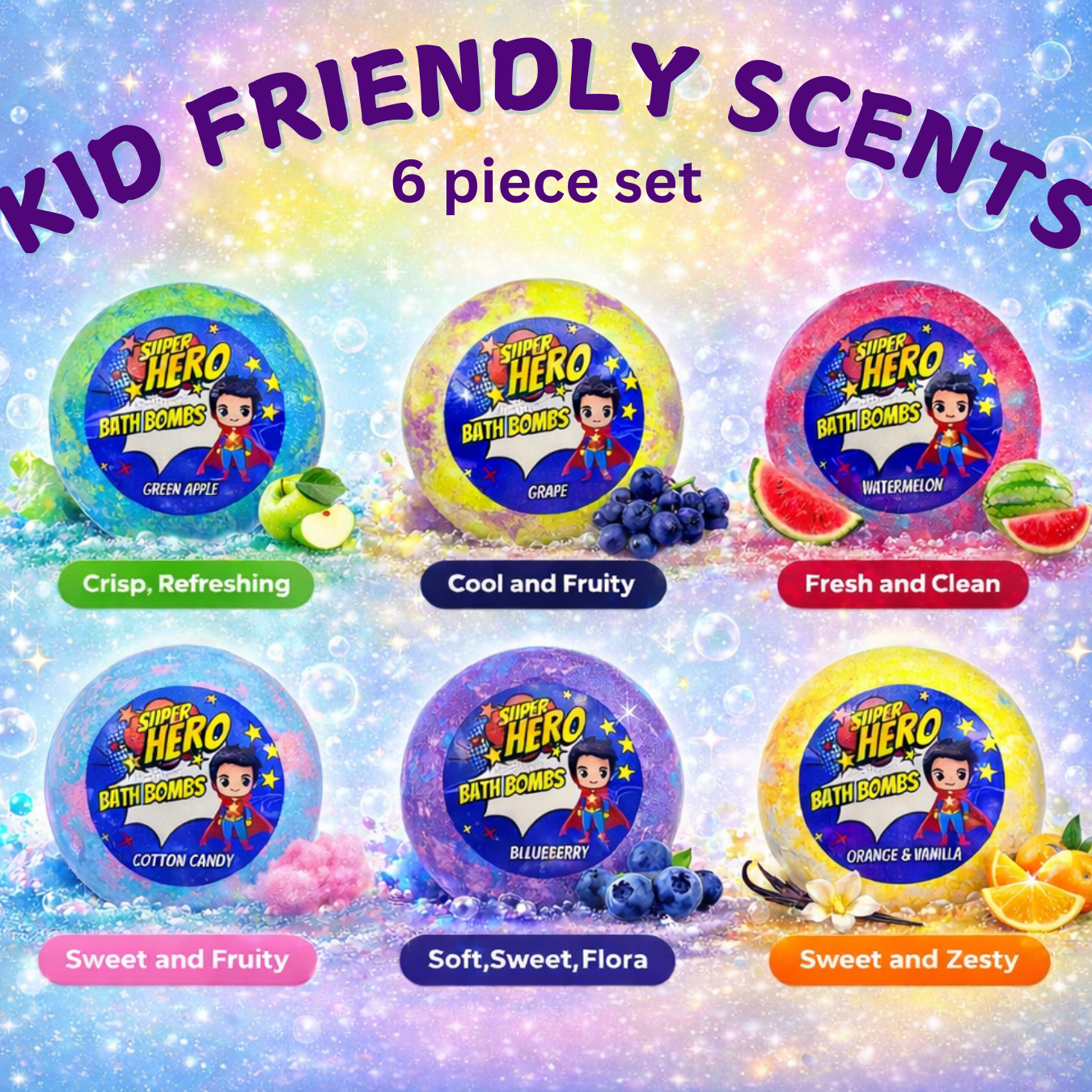 EvolutionUSA 6pc Epic Superhero Bath Bombs for Kids