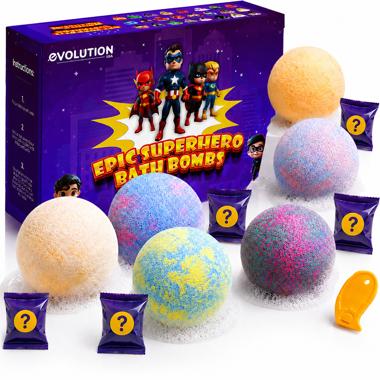 EvolutionUSA 6pc Epic Superhero Bath Bombs for Kids